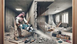 פועל חותך קיר בטון בשיפוץ פנים מלא כלי עבודה ולכלוך