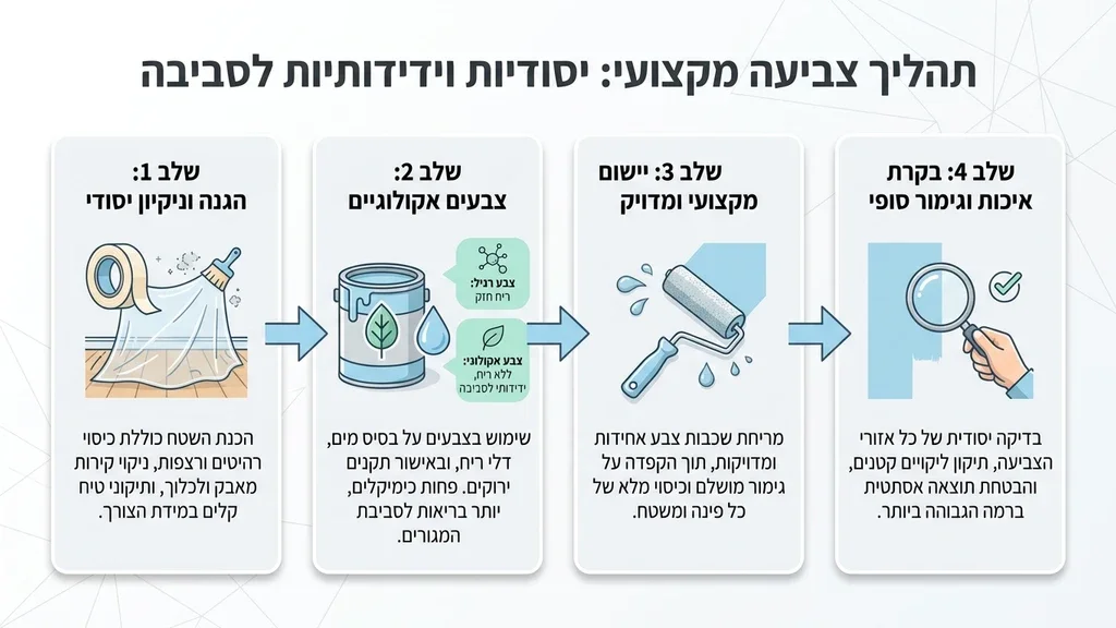 תהליך צביעה מקצועי המאפיין את העבודה היסודית של המרכז לצביעת דירות, תוך שימוש בחומרים ידידותיים לסביבה. צביעת קיר בחדר ילדים עם צבע ידידותי לסביבה