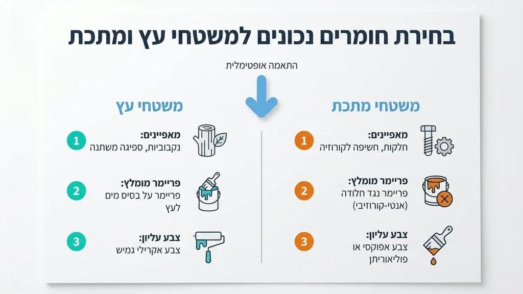 תהליך הכנת משטח עץ ומתכת לפני יישום חומרי יסוד