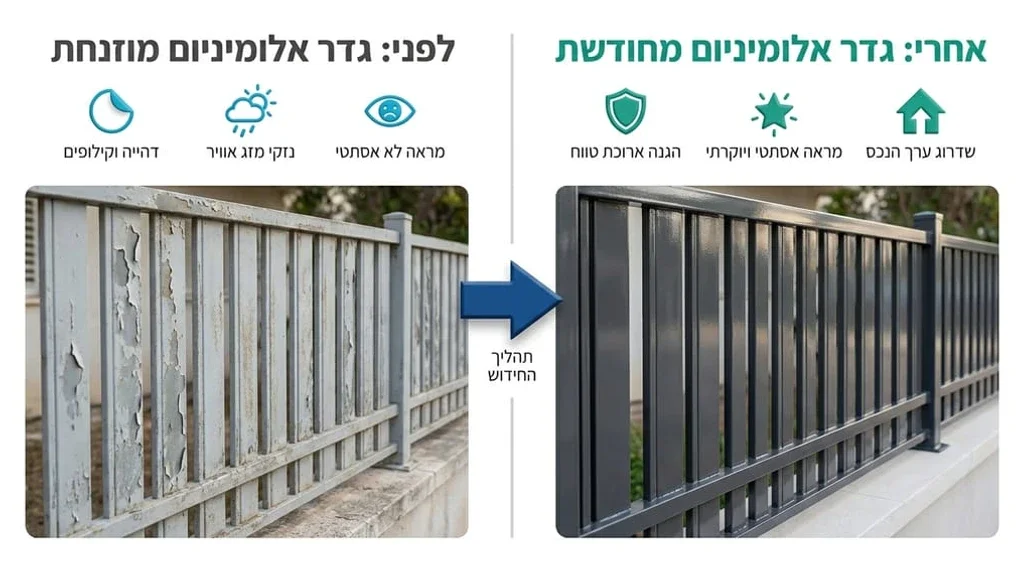 גדר אלומיניום לפני ואחרי חידוש המציגה הבדל משמעותי בברק ובגוון