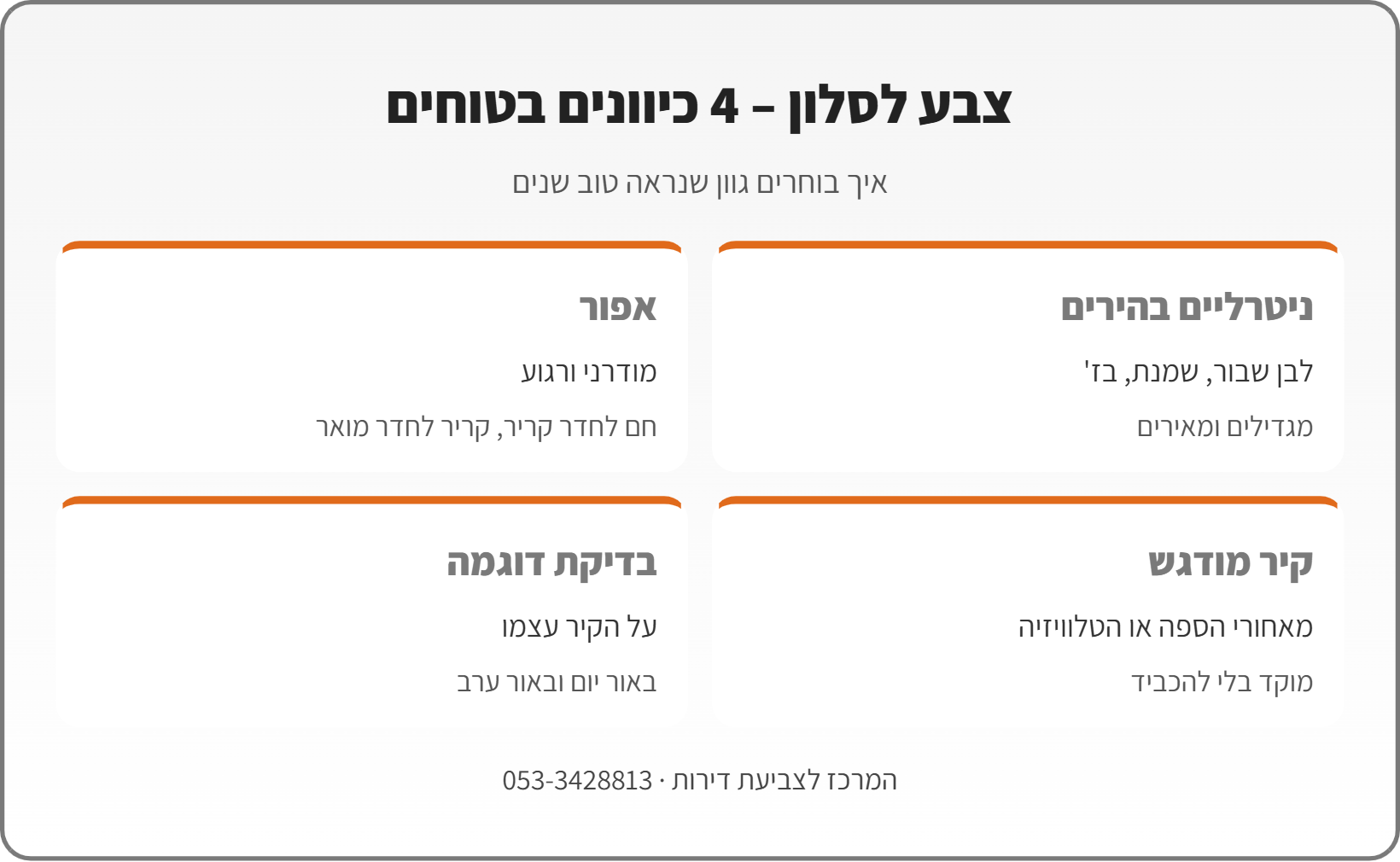 אינפוגרפיקה: 4 כיוונים לבחירת צבע לסלון – ניטרליים בהירים, אפור, קיר מודגש ובדיקת דוגמה באור יום וערב