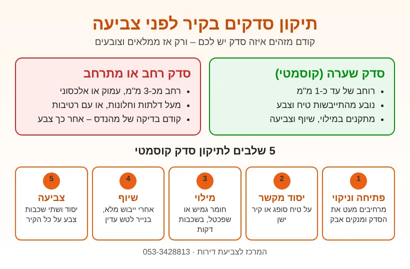 אינפוגרפיקה: סדק שערה עד 1 מ"מ מתקנים במילוי וצבע, סדק רחב מ-3 מ"מ דורש מהנדס – וחמשת שלבי התיקון
